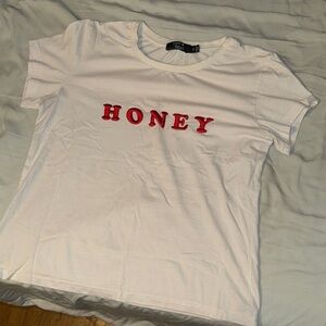 White T-Shirt with Red 'Honey' Text